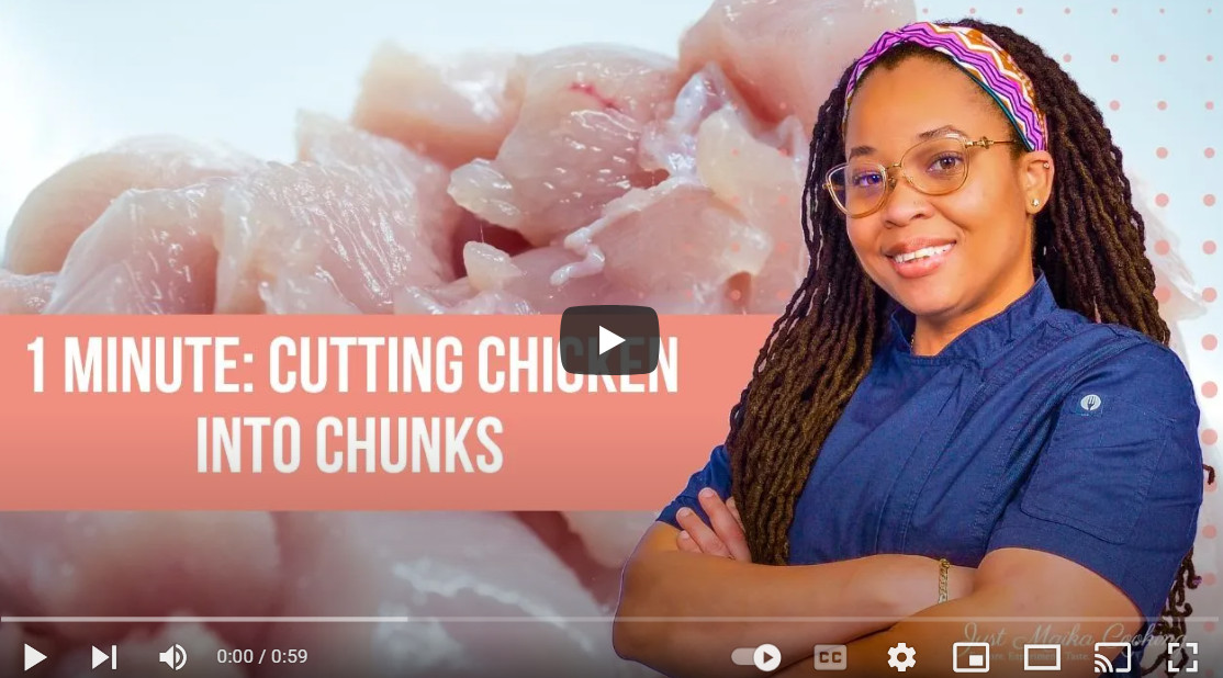 Quick guide to cutting chicken chunks with a smiling chef in a colorful kitchen.